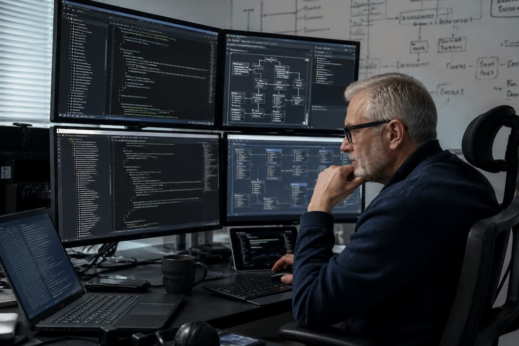 Engineer working at multiple screens