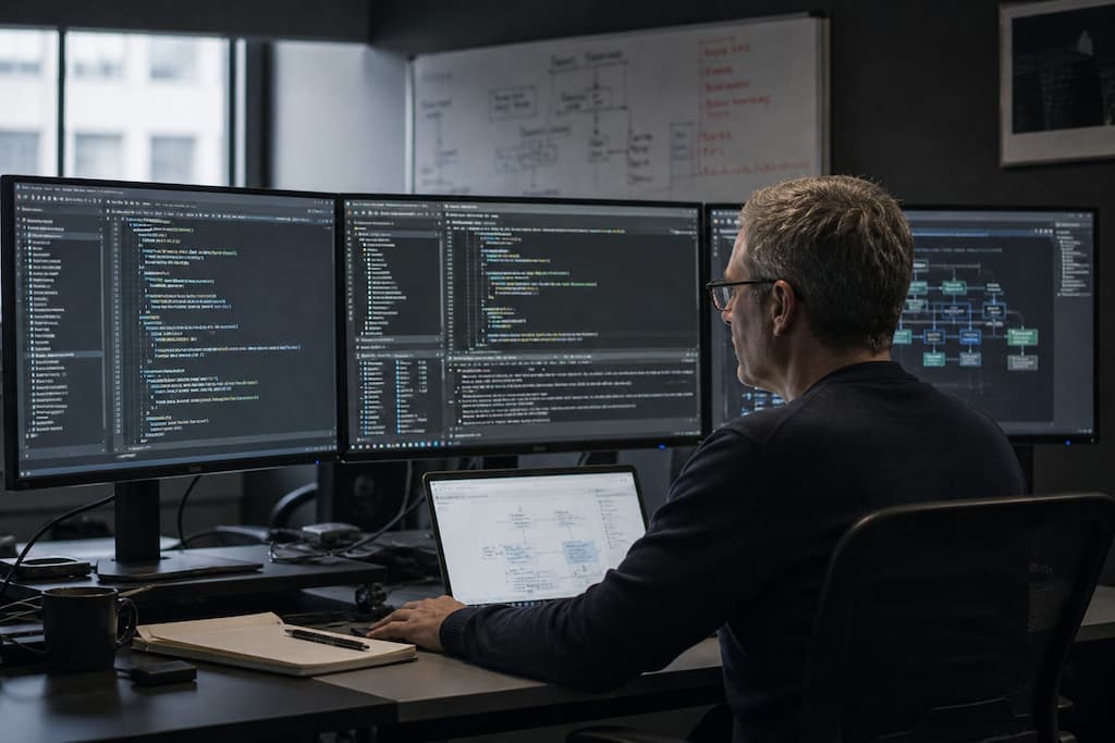 Senior software engineer analyzing complex legacy systems